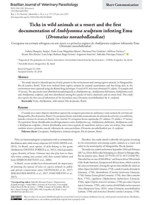 First page of “Ticks in wild animals at a resort and the first documentation of Amblyomma sculptum infesting Emu (Dromaius novaehollandiae)”