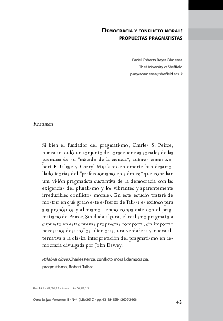 First page of “Democracia y conflicto moral: propuestas pragmatistas”