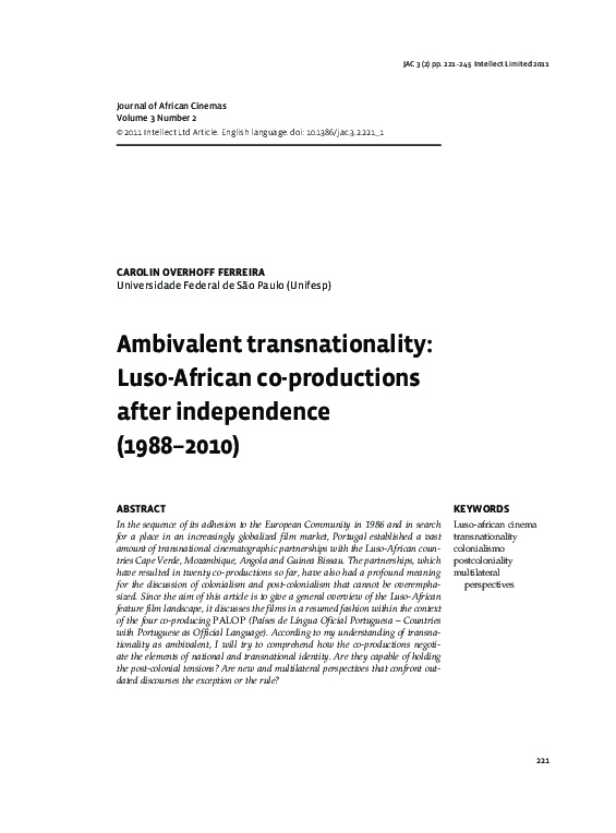 First page of “Ambivalent transnationality: Luso-African co-productions after independence (1988–2010)”