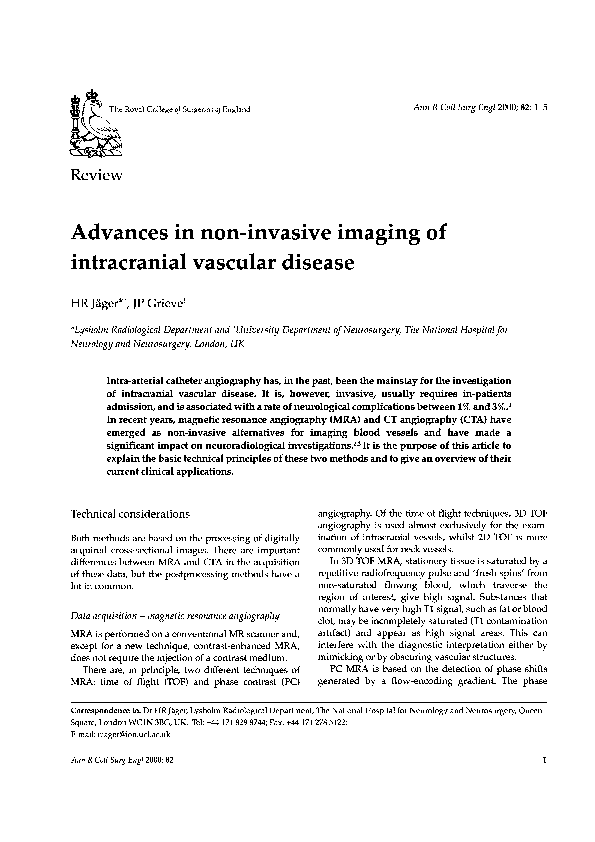 First page of “Advances in non-invasive imaging of intracranial vascular disease”