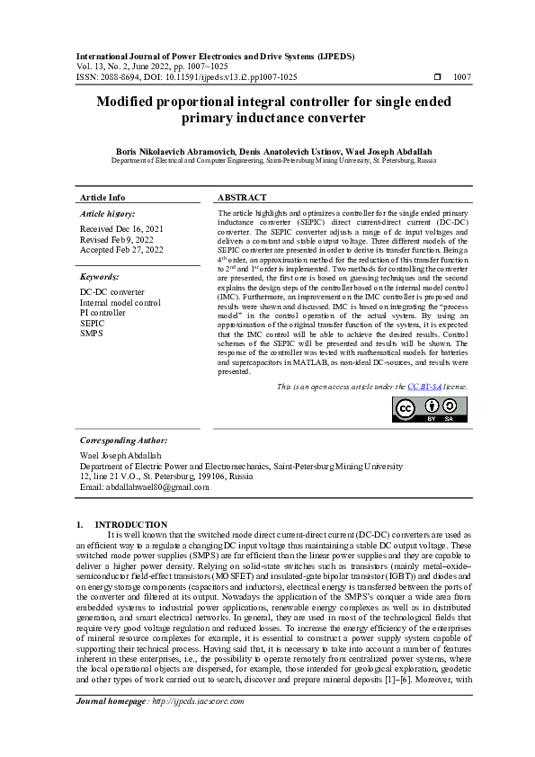 First page of “Modified proportional integral controller for single ended primary inductance converter”