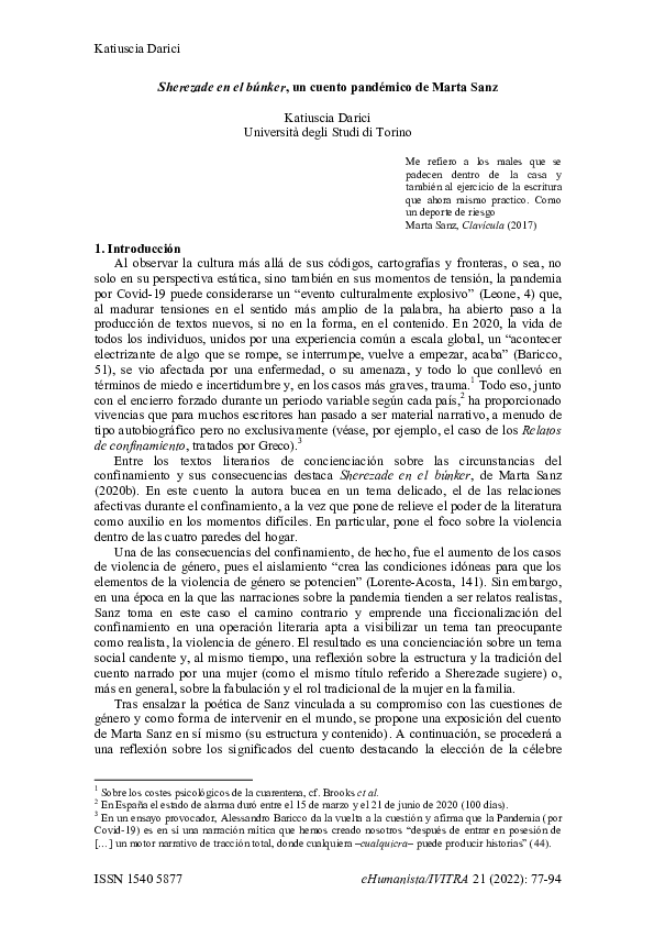 First page of “[2022] “Sherezade en el búnker, un cuento pandémico de Marta Sanz”, eHumanista/IVITRA (Classe A), vol. 21, 2022, pp. 77-94 [journal article].”