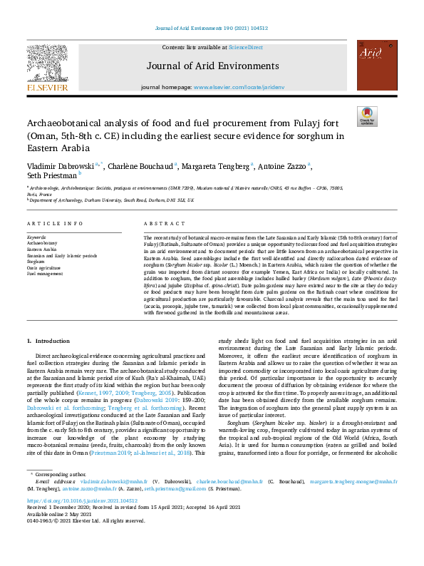 First page of “Dabrowski, Bouchaud, Tengberg, Zazzo & Priestman, 2021: Archaeobotanical Analysis of Food and Fuel Procurement from Fulayj Fort (Oman, 5th-8th c. CE) Including the Earliest Secure Evidence for Sorghum in Eastern Arabia”