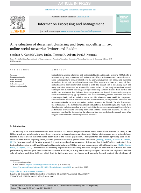 First page of “An evaluation of document clustering and topic modelling in two online social networks: Twitter and Reddit”