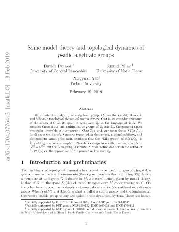 First page of “Some model theory and topological dynamics of $p$-adic algebraic groups”