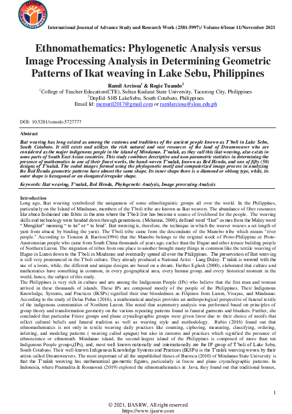 First page of “Ethnomathematics Phylogenetic Analysis Versus Image Processing Analysis in Determining Geometric Patterns of Ikat Weaving in Lake Sebu Philippines”