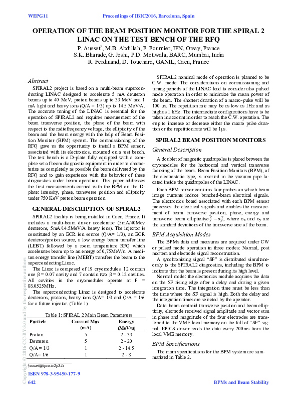 First page of “Operation of the Beam Position Monitor for the Spiral 2 Linac on the Test Bench of the RFQ”