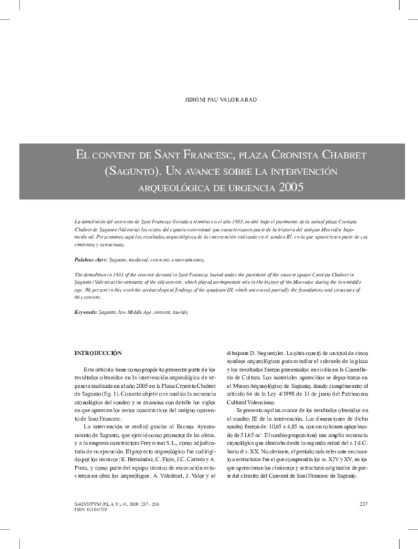 First page of “El convent de Sant Francesc, plaza cronista Chabret (Sagunto). Un avance sobre la intervención arqueológica de urgencia 2005”