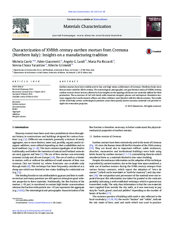 First page of “Characterization of XVIIIth century earthen mortars from Cremona (Northern Italy): Insights on a manufacturing tradition”