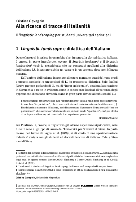 First page of “Alla ricerca di tracce di italianità”