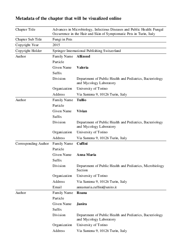 First page of “Advances in Microbiology, Infectious Diseases and Public Health: Fungal Occurrence in the Hair and Skin of Symptomatic Pets in Turin, Italy”