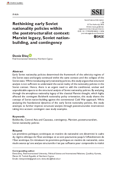 First page of “Rethinking early Soviet nationality policies within the poststructuralist context: Marxist legacy, Soviet nationbuilding, and contingency”