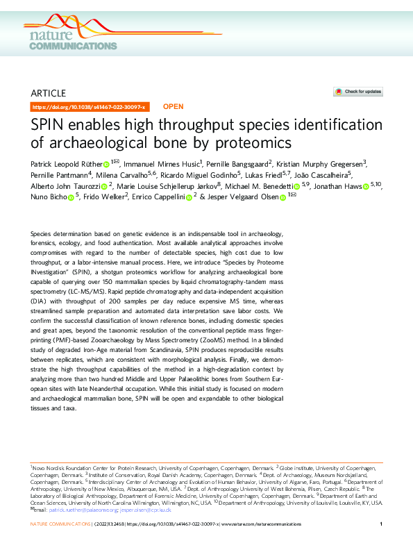 First page of “SPIN enables high throughput species identification of archaeological bone by proteomics”