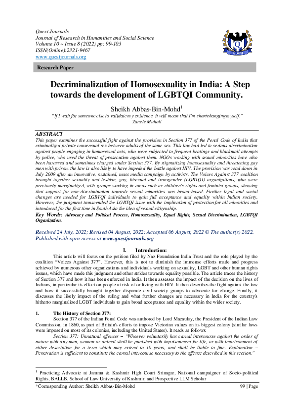 First page of “Decriminalization of Homosexuality in India: A Step towards the development of LGBTQI Community”