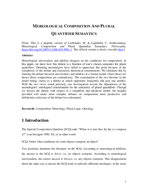 First page of “Mereological Composition and Plural Quantifier Semantics”