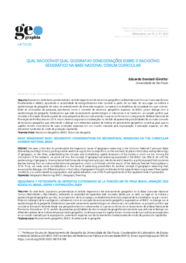 First page of “Qual Raciocínio? Qual Geografia? Considerações Sobre O Raciocínio Geográfico Na Base Nacional Comum Curricular”