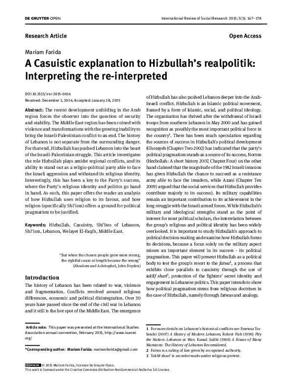 First page of “A Casuistic explanation to Hizbullah’s realpolitik: Interpreting the re-interpreted”