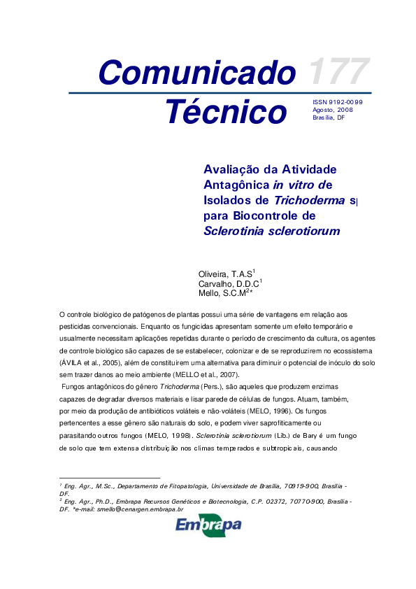 First page of “Avaliação da atividade antagônica in vitro de isolados de Trichoderma sp. para biocontrole de Sclerotinia sclerotiorum”