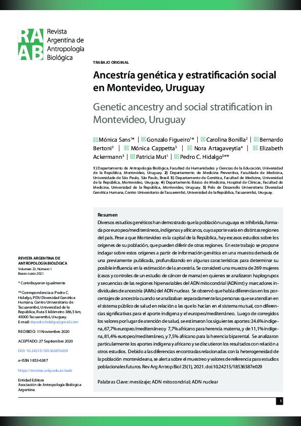 First page of “Ancestría genética y estratificación social en Montevideo, Uruguay”