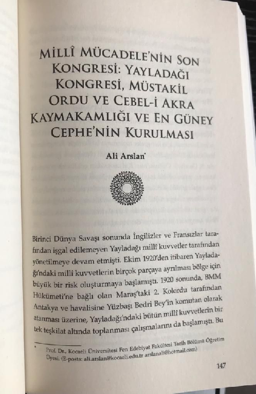 First page of “Millî Mücadele'nin Son Kongresi: Yayladağı Kongresi, Müstakil Ordu ve Cebel-i Akra Kaymakamlığı ve En Güney Cephe'nin Kurulması”