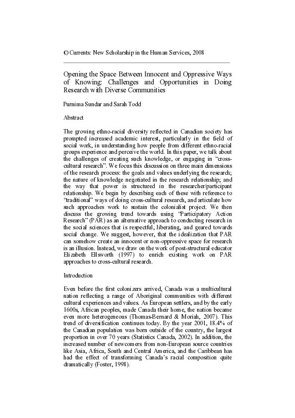 First page of “Opening the Space Between Innocent and Oppressive Ways of Knowing: Challenges and Opportunities in Doing Research with Diverse Communities”