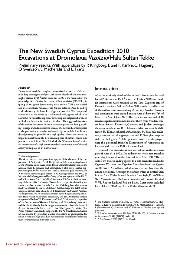 First page of “The New Swedish Cyprus Expedition 2010. Excavations at Dromolaxia Vizatzia/Hala Sultan Tekke. Preliminary results”