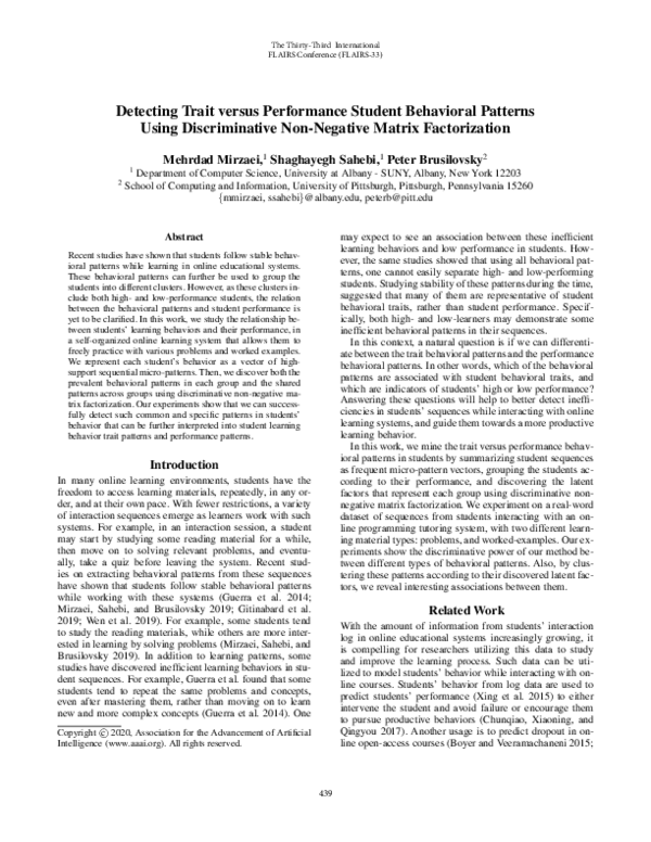 First page of “Detecting Trait versus Performance Student Behavioral Patterns Using Discriminative Non-Negative Matrix Factorization”