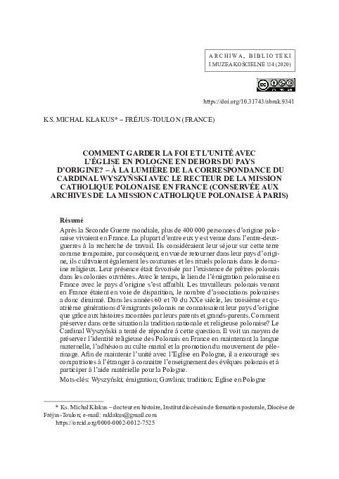 First page of “Comment garder la foi et l’unité avec l’Église en Pologne en dehors du pays d’origine ? – à la lumière de la correspondance du Cardinal Wyszyński avec le Recteur de la Mission catholique polonaise en France”