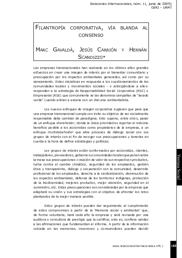 First page of “Filantropía corporativa, vía blanda al consenso”