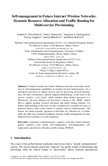 First page of “Self-management in Future Internet Wireless Networks: Dynamic Resource Allocation and Traffic Routing for Multi-service Provisioning”