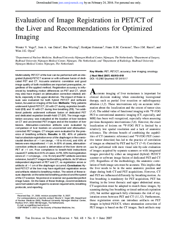 First page of “Evaluation of image registration in PET/CT of the liver and recommendations for optimized imaging”