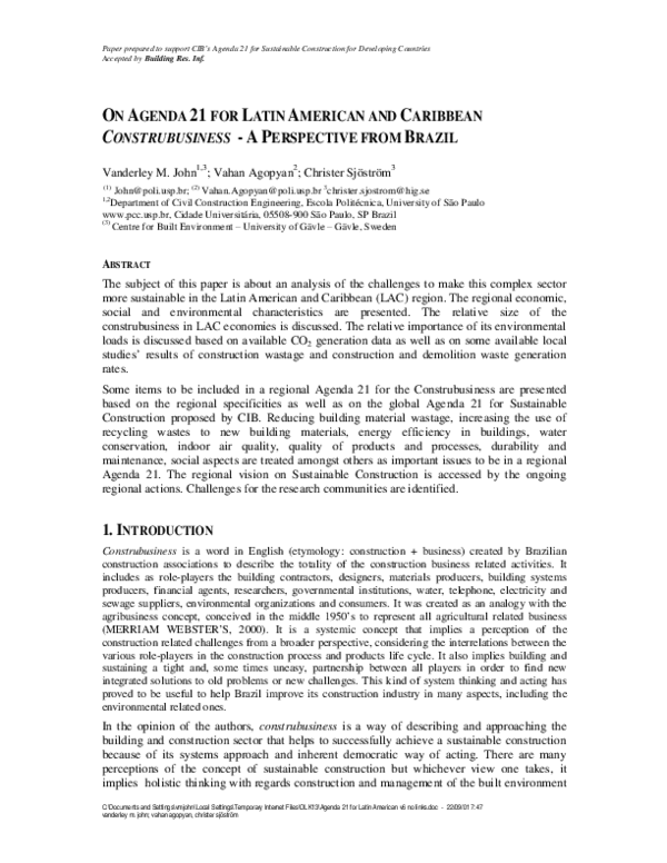 First page of “On Agenda 21 for Latin American and Caribbean Construbusiness-A Perspective from Brazil”