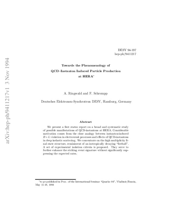 First page of “Towards the phenomenology of QCD instanton induced particle production at HERA”