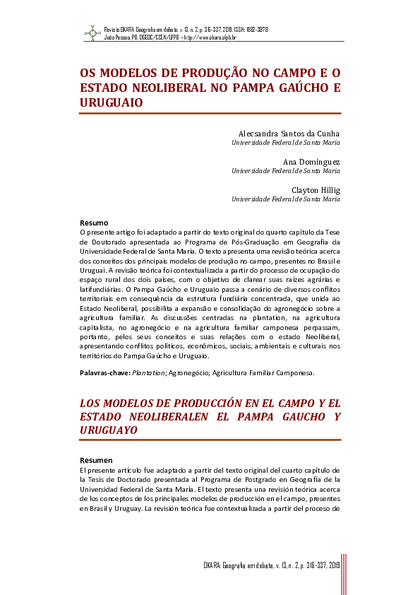 First page of “Os Modelos De Produção No Campo e O Estado Neoliberal No Pampa Gaúcho e Uruguaio”