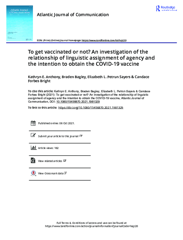 First page of “To get vaccinated or not? An investigation of the relationship of linguistic assignment of agency and the intention to obtain the COVID-19 vaccine”