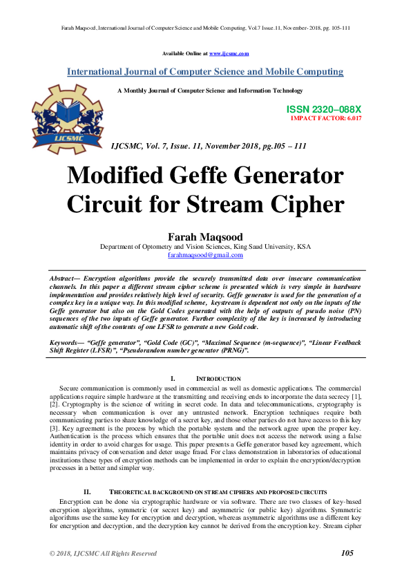 First page of “Modified Geffe Generator Circuit for Stream Cipher”