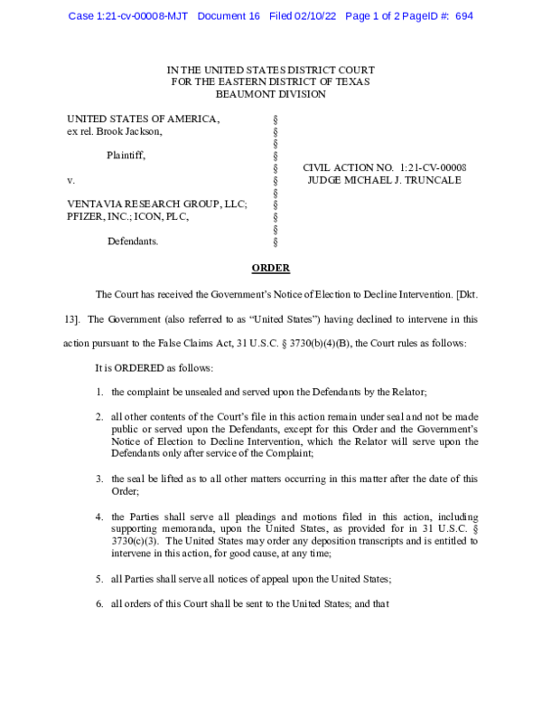 First page of “US District Court for Eastern Texas - USA ex rel, Brook Jackson v. Ventavia Research Group - recently unsealed qui tam action against vaccine entities: Pfizer Inc., Icon PLC, and Ventavia Research Group, LLC”