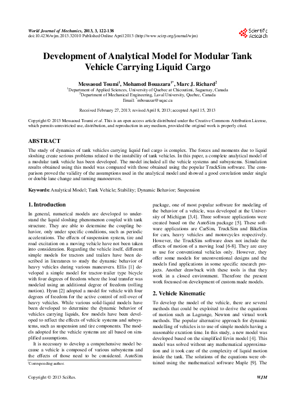 First page of “Development of Analytical Model for Modular Tank Vehicle Carrying Liquid Cargo”