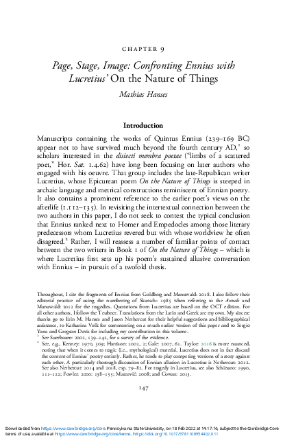 First page of “Page, Stage, Image: Confronting Ennius with Lucretius' On the Nature of Things”