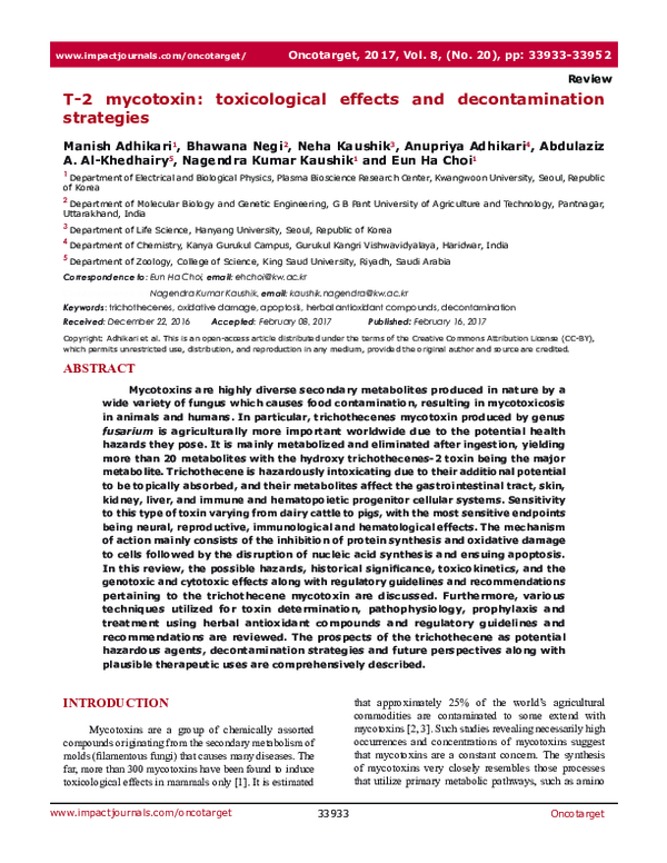 First page of “T-2 mycotoxin: toxicological effects and decontamination strategies”