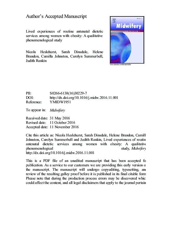 First page of “Lived experiences of routine antenatal dietetic services among women with obesity: A qualitative phenomenological study”