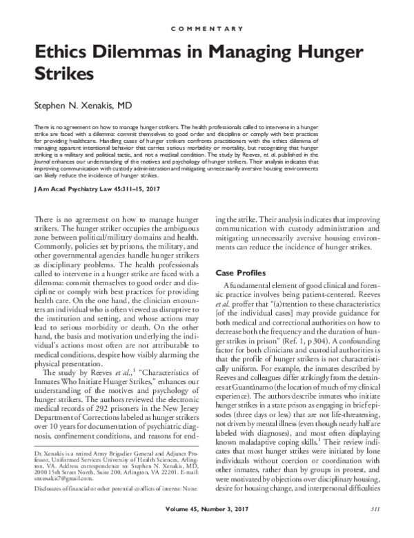 First page of “Ethics Dilemmas in Managing Hunger Strikes”