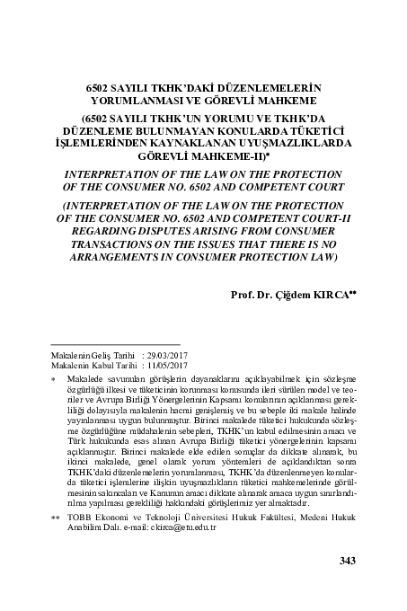 First page of “6502 SAYILI TKHK’DAKİ DÜZENLEMELERİN YORUMLANMASI VE GÖREVLİ MAHKEME”