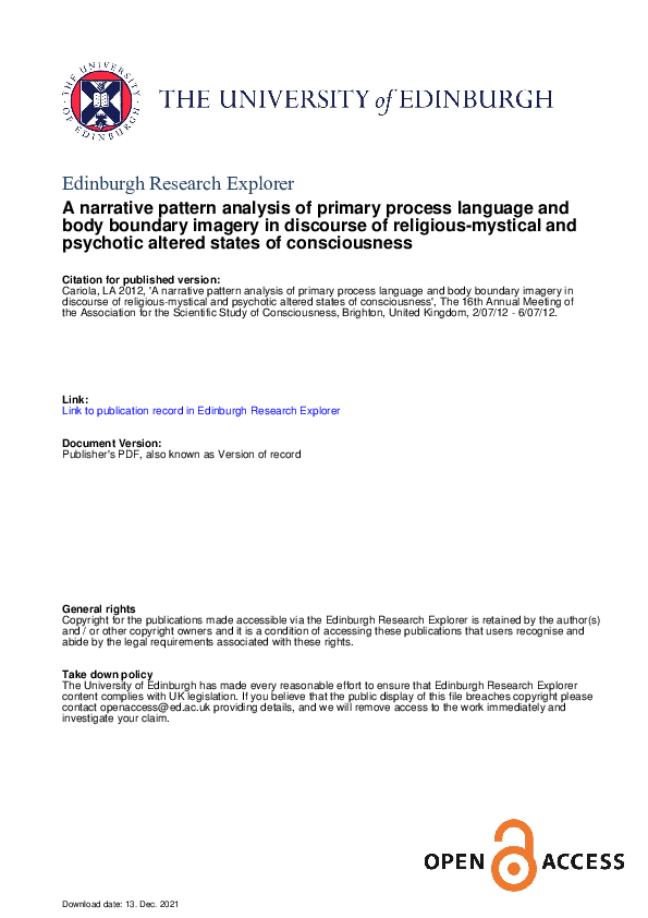 First page of “A narrative pattern analysis of primary process language and body boundary imagery in discourse of religious-mystical and psychotic altered states of consciousness”