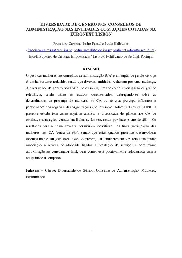 First page of “Diversidade de género nos conselhos de administração nas entidades com ações cotadas na euronext lisbon”