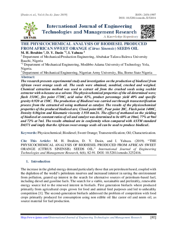 First page of “The Physicochemical Analysis of Biodiesel Produced from African Sweet Orange (Citrus Sinensis) Seeds Oil”