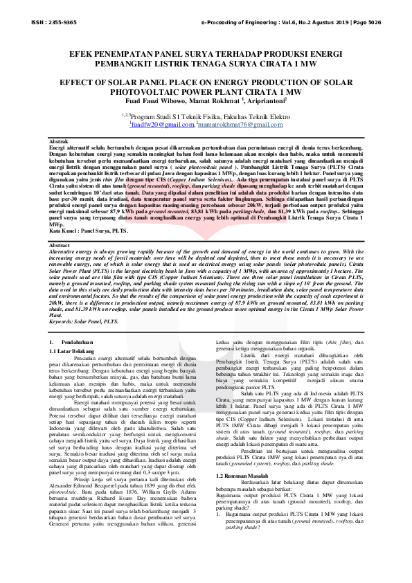 First page of “Efek Penempatan Panel Surya Terhadap Produksi Energi Pembangkit Listrik Tenaga Surya Cirata 1 MW”