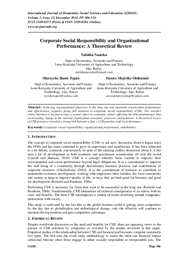 First page of “Corporate Social Responsibility and Organizational Performance : A Theoretical Review”