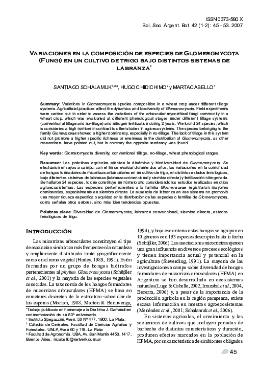 First page of “Variaciones en la composición de especies de Glomeromycota (Fungi) en un cultivo de trigo bajo distintos sistemas de labranza Variations in Glomeromycota species composition in a wheat crop under different tillage systems”