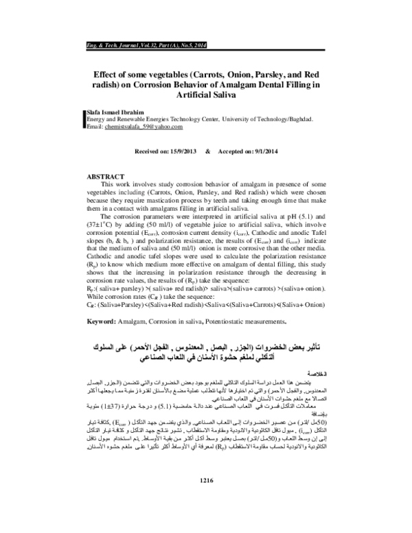 First page of “Effect of some vegetables ( Carrots , Onion , Parsley , and Red radish ) on Corrosion Behavior of Amalgam Dental Filling in Artificial Saliva”